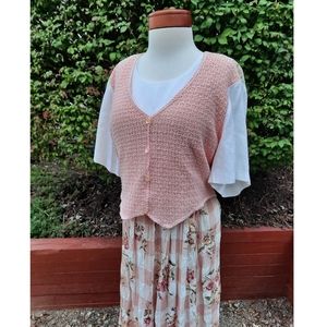 Vintage 90's Crochet Vest Floral Plaid Midi Dress Prairie Boho Costume Plus 0X